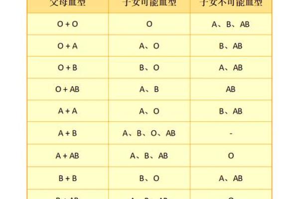 父母孩子血型对照表